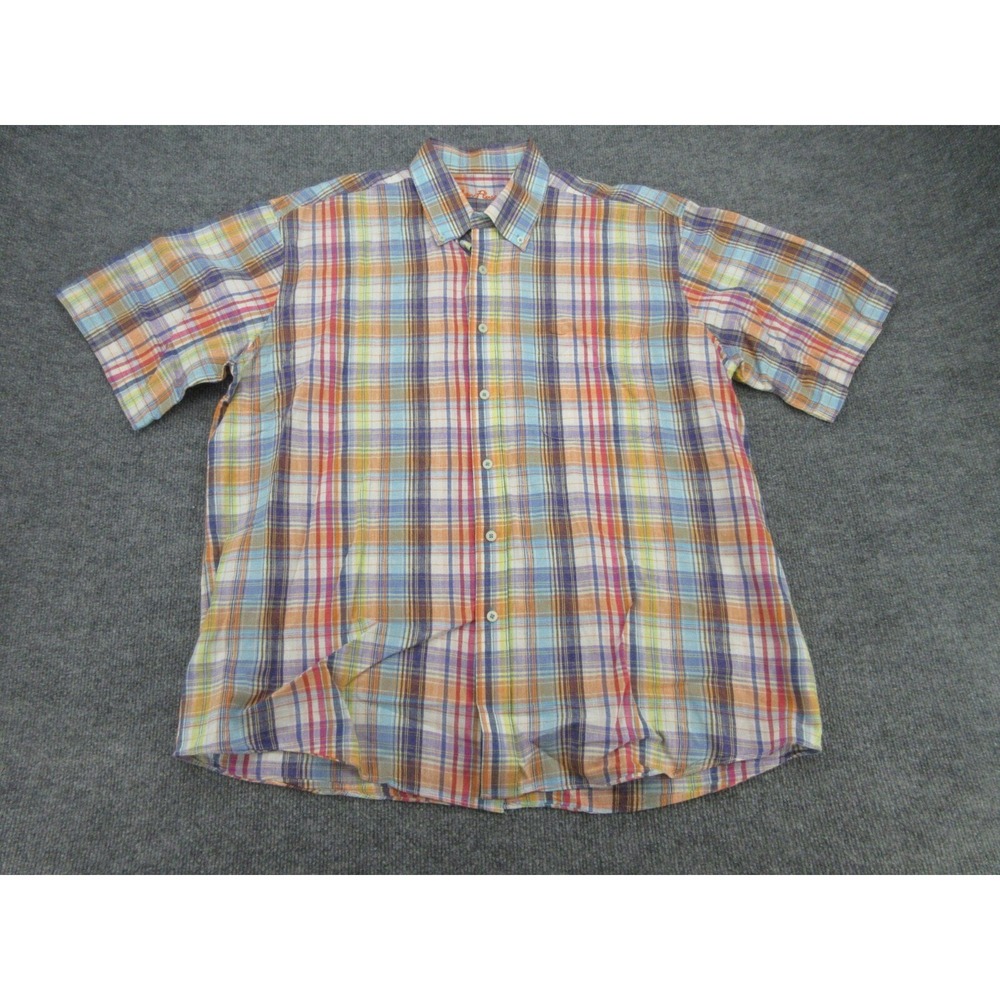 Alan Flusser Mens Button Down Regular Multi Plaid Linen Blend Short Sleeve XL